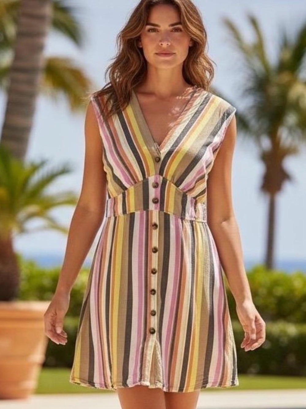 LOFT Multi Color Striped V-Neck Button
Front Midi Dress